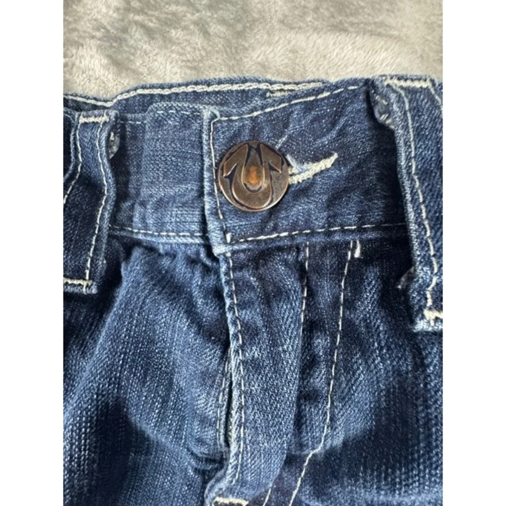True Religion Jeans M 34 Joey Flare Dark Wash Horseshoe Flap Pocket Twisted Seam